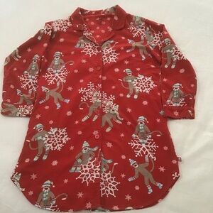 Nick & Nora Cotton Flannel Sock Monkey Snowflake Sleep Gown w/Pockets, Size L